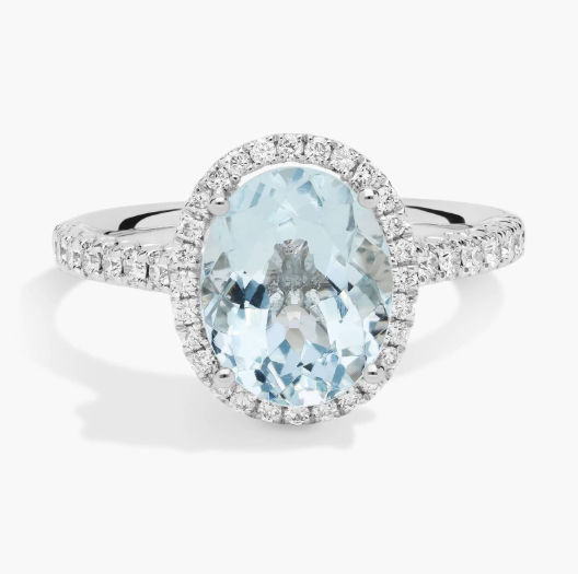 Aquamarine and Diamond Halo Ring in 18k White Gold (10x8mm)