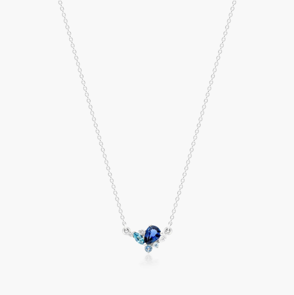 14K White Gold Sapphire, Blue Zircon and Diamond Cluster Necklace
