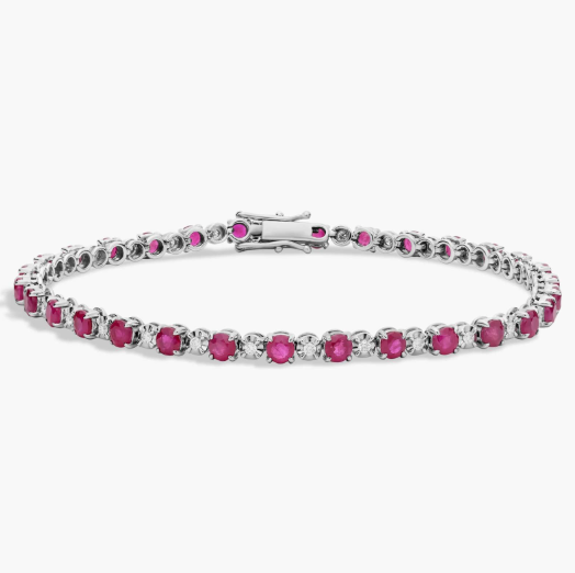 Alternating Size Ruby and Diamond Bracelet in 14k White Gold (3mm)
