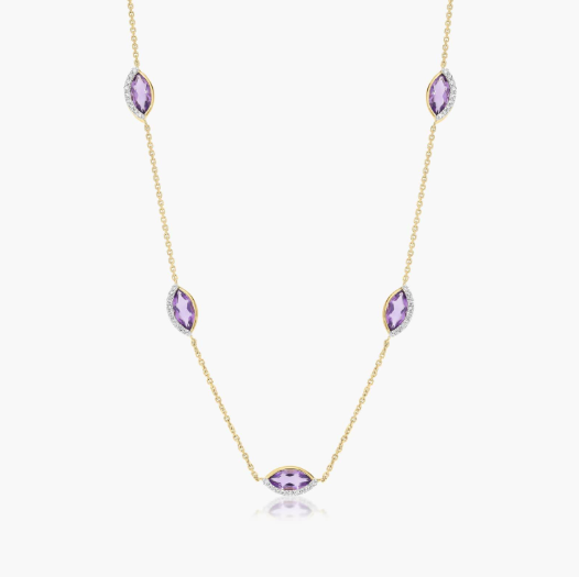 14K Yellow Gold Radiant Reflections Marquise Shaped Amethyst Station Necklace