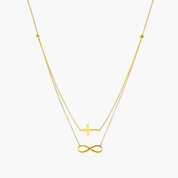 14K Yellow Gold Duo Cross and Infinity Necklace
