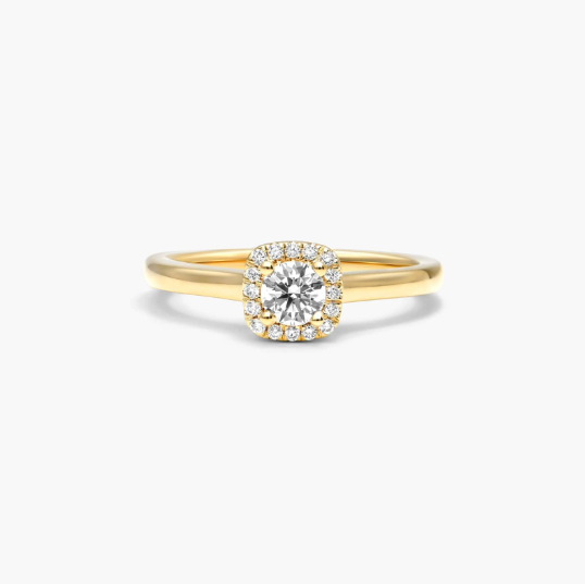Cushion Cut Halo Lab-Grown Diamond Ring In 14K Yellow Gold