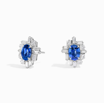 Baguette Cut Blue Sapphire And Diamond Cluster Stud Earrings In 14K White Gold