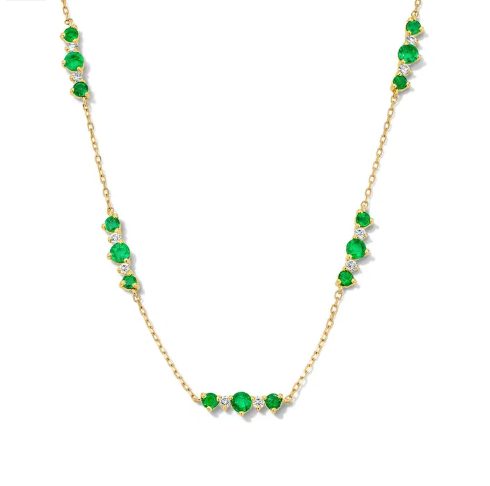 Green Emerald & Diamond Station Necklace 18K