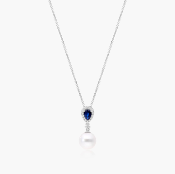 14K White Gold Akoya Cultured Pearl and Sapphire Drop Necklace (9.5mm)