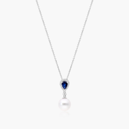 14K White Gold Akoya Cultured Pearl and Sapphire Drop Necklace (9.5mm)