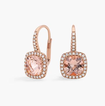 Morganite and Diamond Cushion Drop Earrings in 14k Rose Gold (7x7mm)