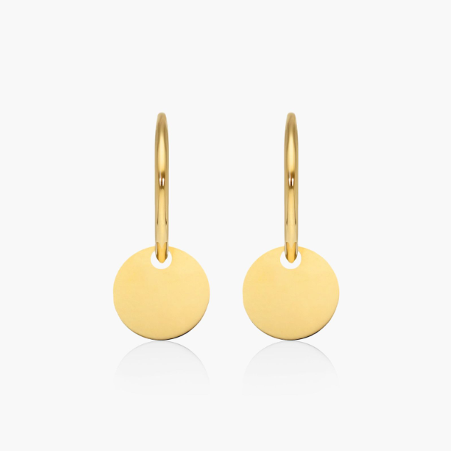 Dangle Disk Drop Huggie Hoop Earrings In 14K Yellow Gold