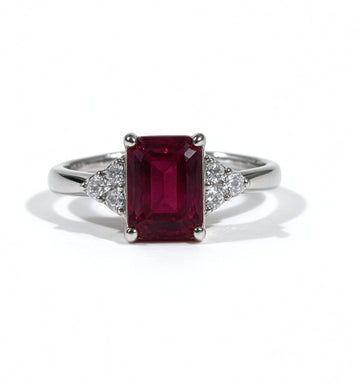 Emerald Cut Lab Grown Ruby Ring, Center Stone 2.0ct in S925 Silver