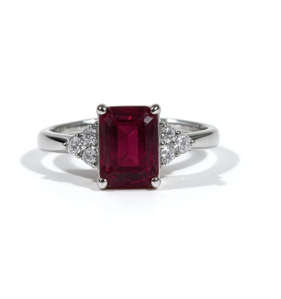 Emerald Cut Lab Grown Ruby Ring, Center Stone 2.0ct in S925 Silver