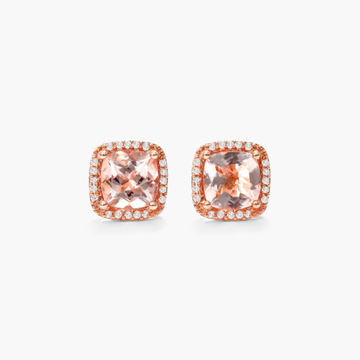 Cushion Cut Morganite And Diamond Halo Stud Earrings In 14K Rose Gold
