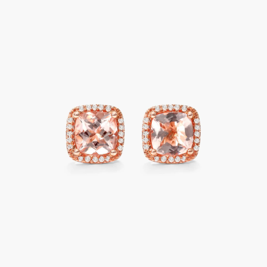 Cushion Cut Morganite And Diamond Halo Stud Earrings In 14K Rose Gold