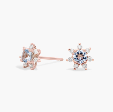 Mini Aquamarine Earrings with Diamond Blossom Halo in 14k Rose Gold (3.5mm)