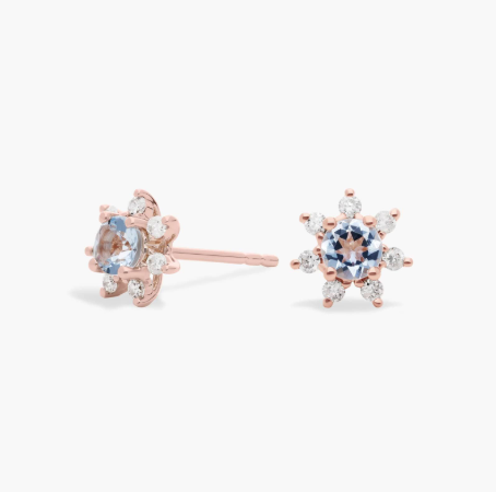 Mini Aquamarine Earrings with Diamond Blossom Halo in 14k Rose Gold (3.5mm)