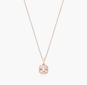 14K Rose Gold Cushion Halo Morganite and Diamond Necklace (6x6mm)