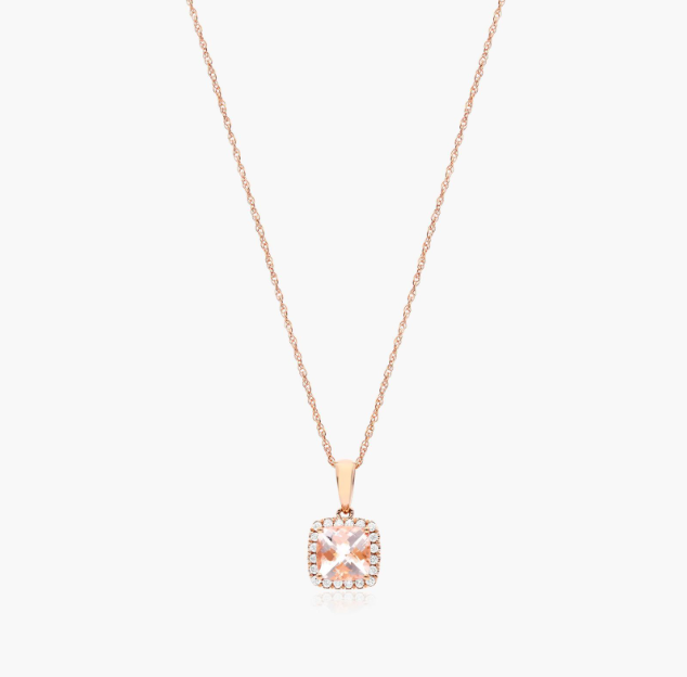 14K Rose Gold Cushion Halo Morganite and Diamond Necklace (6x6mm)