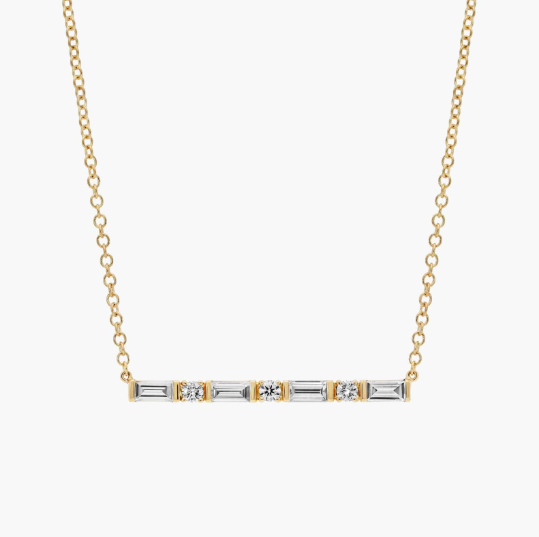 Diamond Bar Necklace With 0.75 CTW Round And Baguette Cut Lab-Grown Diamonds in 14K Yellow Gold