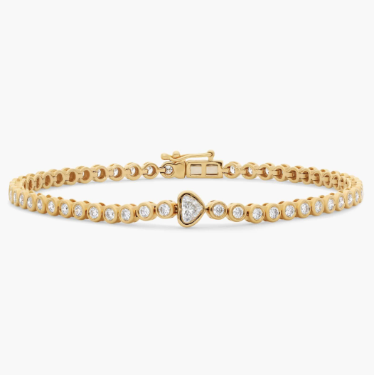 Round Diamond Tennis Bracelet with Bezel Heart Center in 14K Yellow Gold