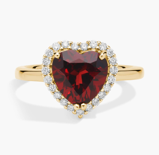 Heart Shaped Garnet and Diamond Halo Ring in 14k Yellow Gold