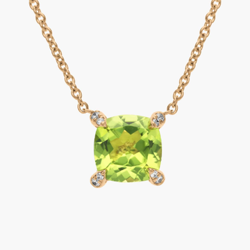 Cushion Cut Peridot and Diamond Accent Pendant in 14k Yellow Gold (7mm)