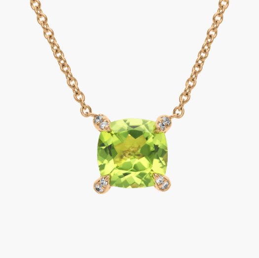 Cushion Cut Peridot and Diamond Accent Pendant in 14k Yellow Gold (7mm)