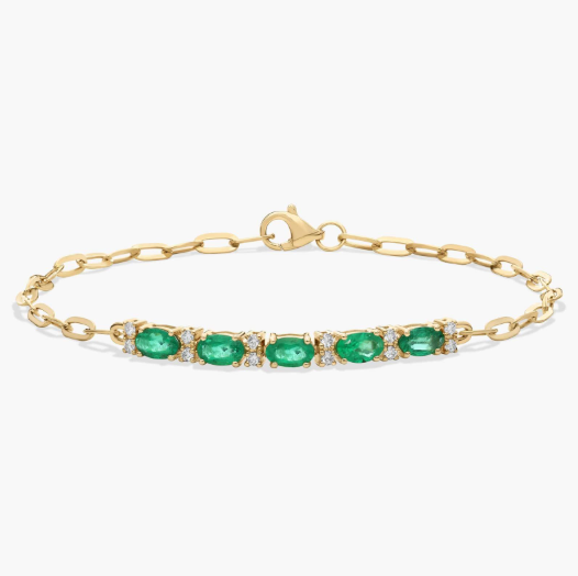 Diamond and Emerald Paperclip Bracelet in 14K Yellow Gold