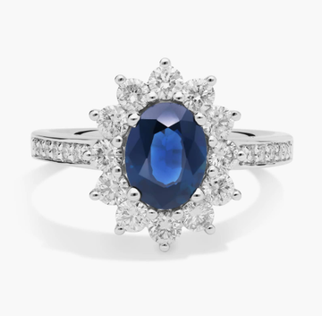 Oval Sapphire and Diamond Halo Ring in 18k White Gold (8x6mm)