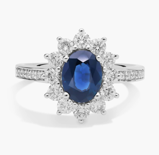 Oval Sapphire and Diamond Halo Ring in 18k White Gold (8x6mm)