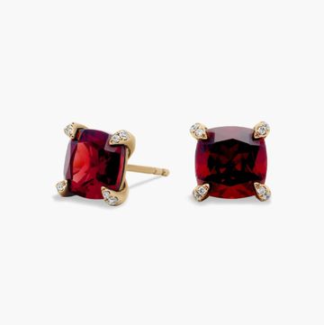 Cushion Cut Garnet and Diamond Accent Earrings in 14k Yellow Gold (7mm)