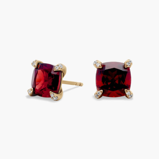 Cushion Cut Garnet and Diamond Accent Earrings in 14k Yellow Gold (7mm)