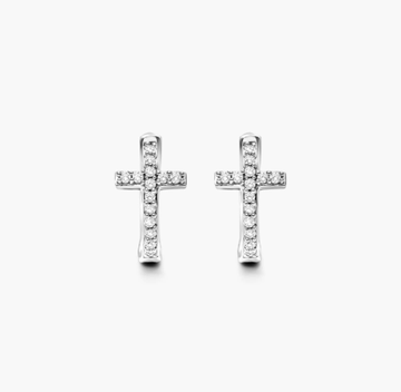 Cross Diamond Huggie Hoop Earrings In 14K White Gold