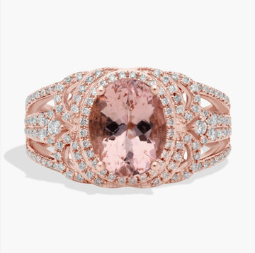 Oval Morganite Ring with Ornate Diamond Halo in 14k Rose Gold