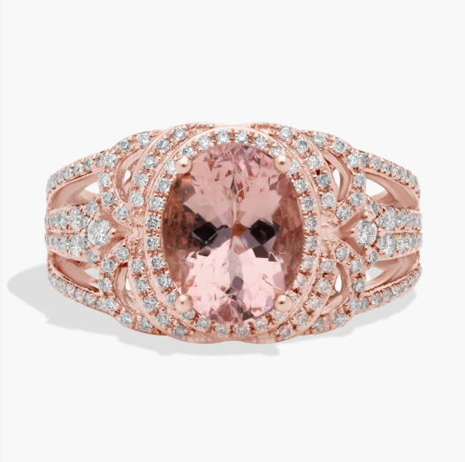 Oval Morganite Ring with Ornate Diamond Halo in 14k Rose Gold