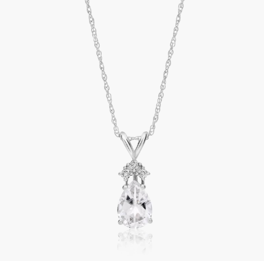 14K White Gold Pear Shaped White Topaz & Tri-Diamond Birthstone Pendant Necklace