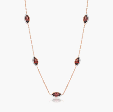14K Rose Gold Radiant Reflections Marquise Shaped Garnet & Round Diamonds Station Necklace