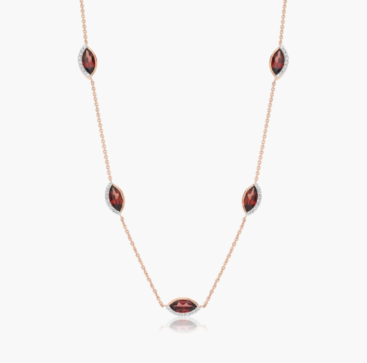 14K Rose Gold Radiant Reflections Marquise Shaped Garnet & Round Diamonds Station Necklace