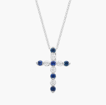 Floating Blue Sapphire and Diamond Cross Shape Pendant in 14k White Gold