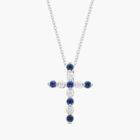 Floating Blue Sapphire and Diamond Cross Shape Pendant in 14k White Gold