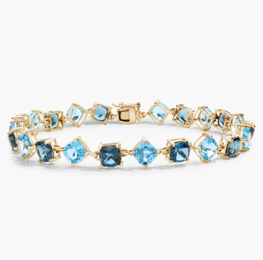 Swiss and London Blue Topaz Cushion Bracelet in 14k Yellow Gold