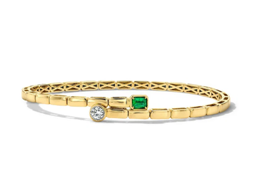 Green Emerald & Round Diamond Bezel Gold Flexible Bracelet