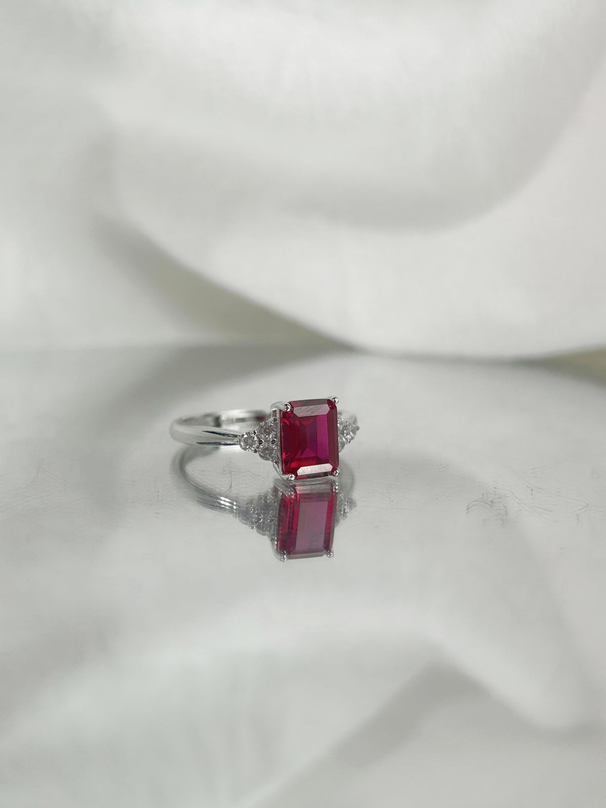 Emerald Cut Lab Grown Ruby Ring, Center Stone 2.0ct in S925 Silver
