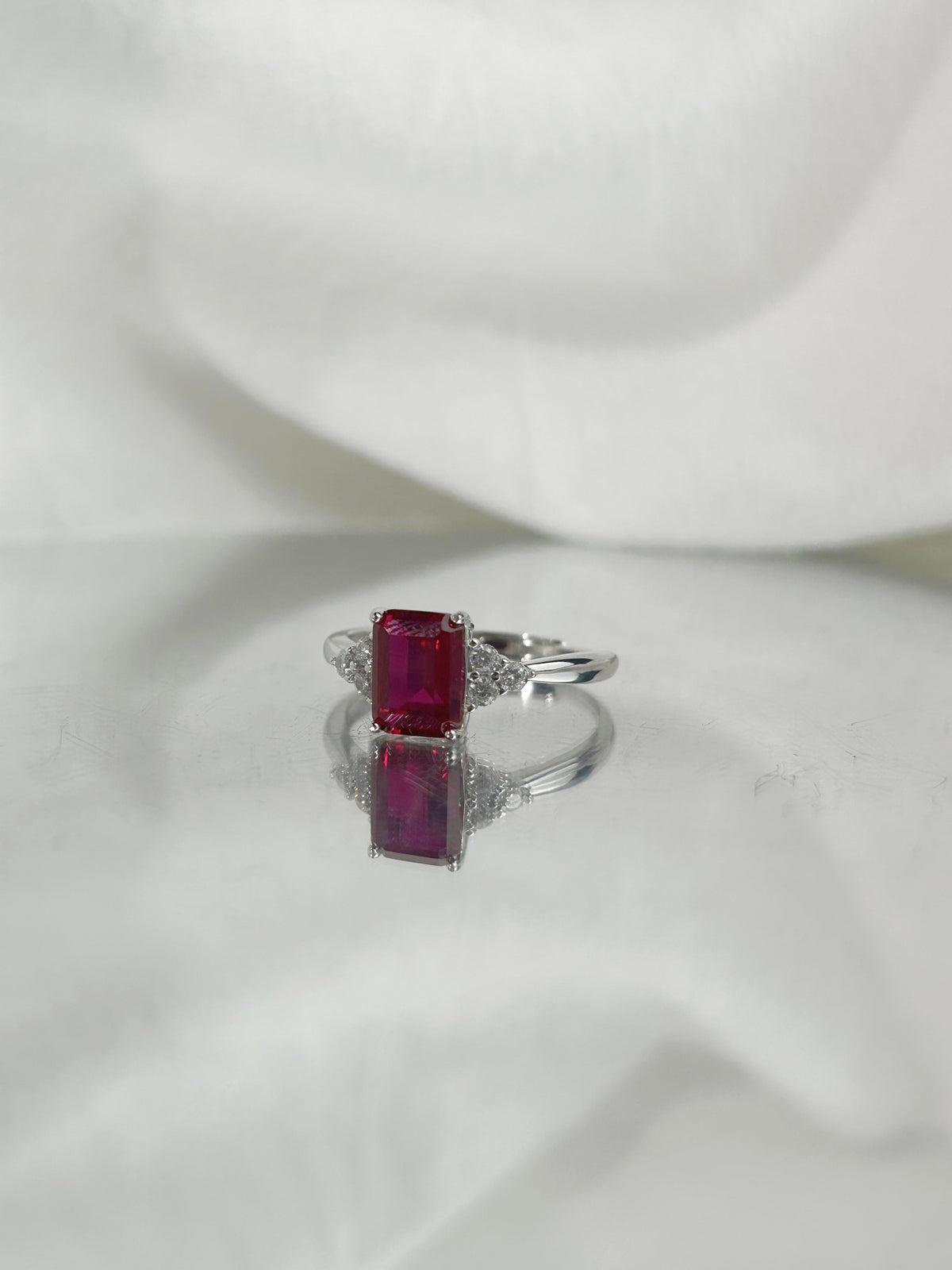 Emerald Cut Lab Grown Ruby Ring, Center Stone 2.0ct in S925 Silver