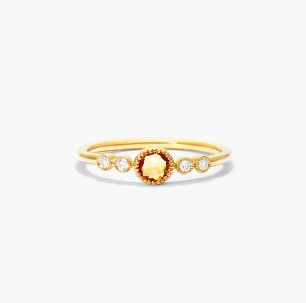 Dainty Citrine Bezel Diamond Ring In 14K Yellow Gold by Brevani