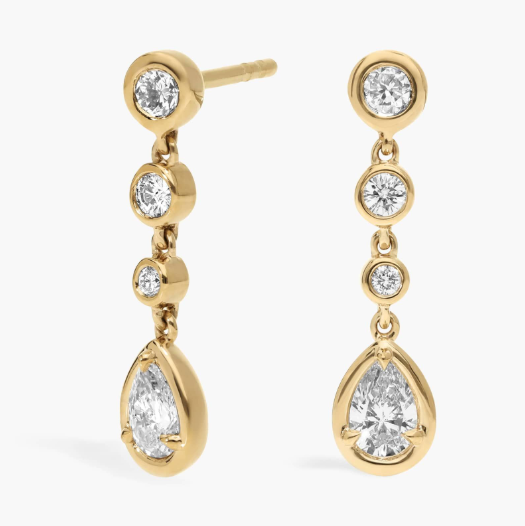 Diamond Drop Earrings with 0.5 CTW Round and Pear Shaped Lab-Grown Diamonds in 14K Yellow Gold Bezel Setting