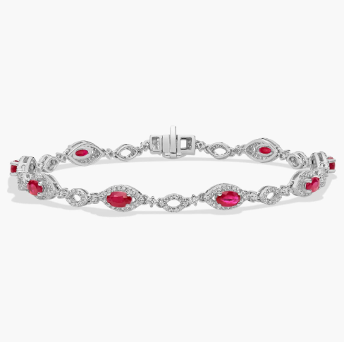 Oval Ruby and Round Diamond Bracelet in 14k White Gold