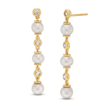 Bezel Diamond and Fresh Water Pearl Drop Earrings 14K