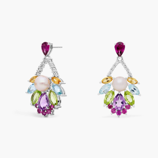 Pearl and Gemstone Chandelier Earrings in 14k White Gold
