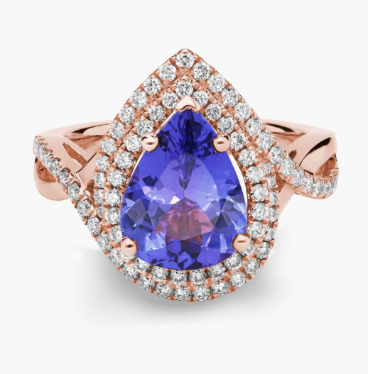 Pear Cut Tanzanite Ring with Double Diamond Halo in 14k Rose Gold