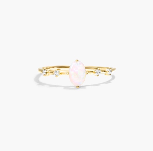 Oval Opal And Diamond Birthstone Ring In 14K Yellow Gold