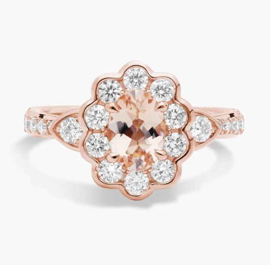 Morganite and Diamond Floral Ring in 14k Rose Gold (7x5mm)